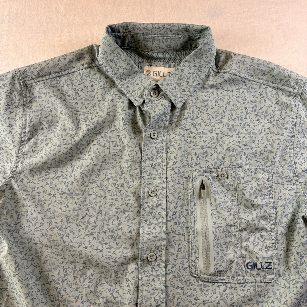 Gillz Mens Fishing Shirt S/L Button Down Performance Medium Teal Fish AOP Vented